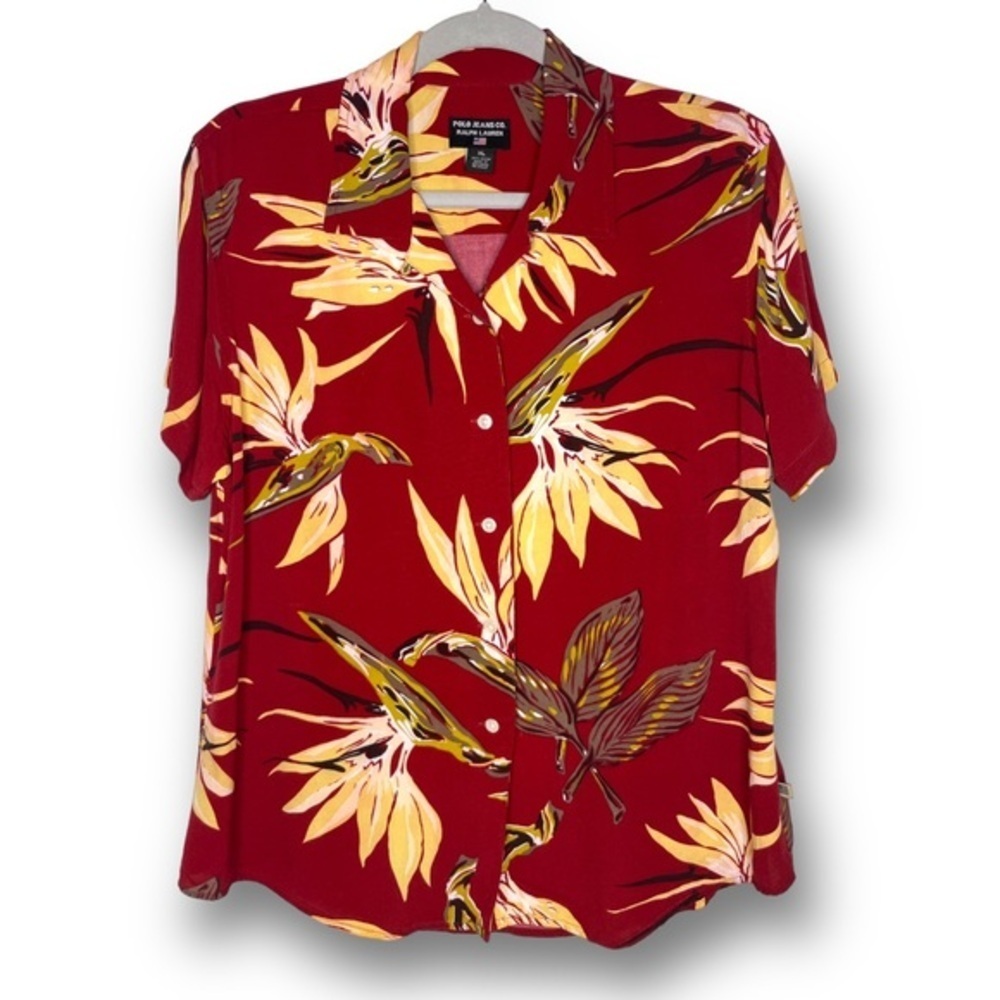 Vintage Polo Jeans Ralph Lauren XL Red Yellow Floral Hawaiian Button Up Shirt